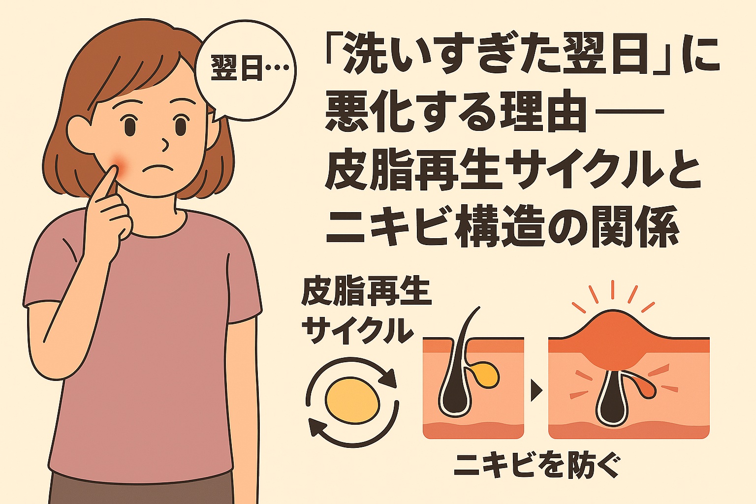 洗顔後に頬のニキビを気にする女性のイラスト。右側には「『洗いすぎた翌日』に悪化する理由──皮脂再生サイクルとニキビ構造の関係」と書かれ、毛穴断面図で皮脂が再生しすぎて詰まりを起こす様子と、サイクルを示す矢印が描かれている。
