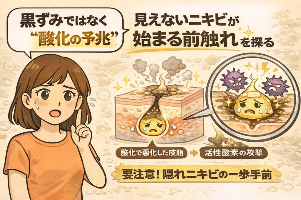 黒ずみは汚れではなく「酸化の予兆」であり、見えないニキビが始まる前段階を解説した図解イラスト。毛穴内で皮脂が酸化して悪化し、活性酸素の影響を受けることで炎症や隠れニキビへ進行する仕組みを、毛穴断面と擬人化キャラクターで表現している。黒ずみが現れる前に気づくべきサインとして注意喚起する構図。