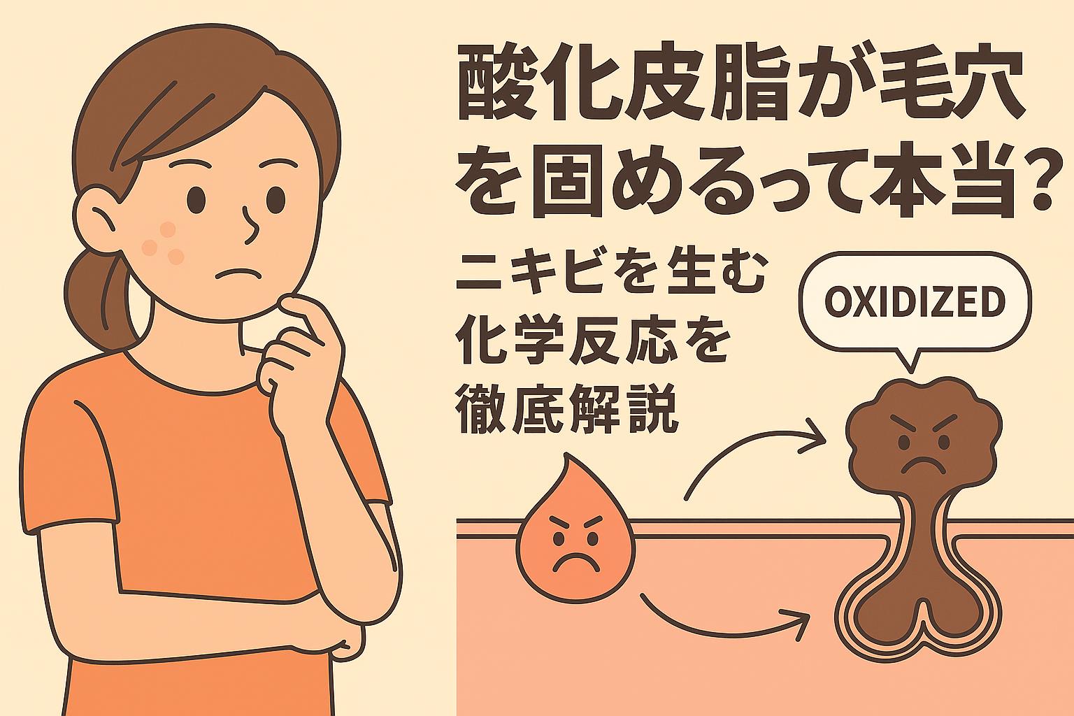 酸化した皮脂が毛穴を固める過程を描いた教育的イラスト。女性が顎に手を当てて考え、皮脂が酸化して毛穴内部を塞ぐ流れを断面図でわかりやすく示している。