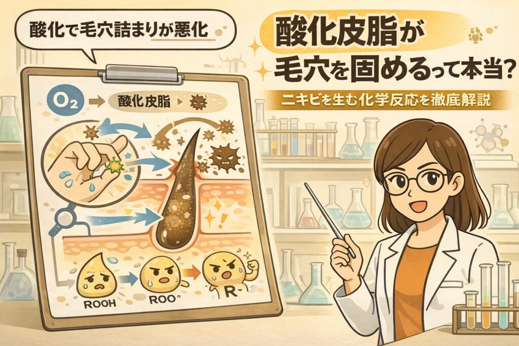 酸化皮脂が毛穴詰まりを悪化させる仕組みを解説するイラスト。酸素と反応した皮脂がラジカル反応（ROOH、ROO・、R・）を起こし、毛穴内で固まりやすくなる化学過程を、白衣の女性研究者キャラクターが図解している。