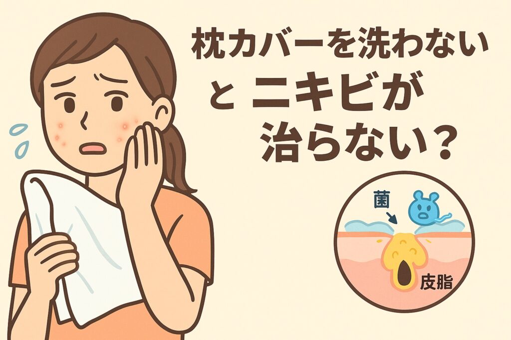 枕カバーを洗わないことによるニキビ悪化をテーマにしたイラスト。頬にニキビのある女性が不安そうな表情で枕カバーを持っている。右側の毛穴断面図では「菌」と書かれたキャラクターが皮脂の上にいて、毛穴の中で炎症が起きている様子が描かれている。テキストには「枕カバーを洗わないとニキビが治らない？」と書かれている。