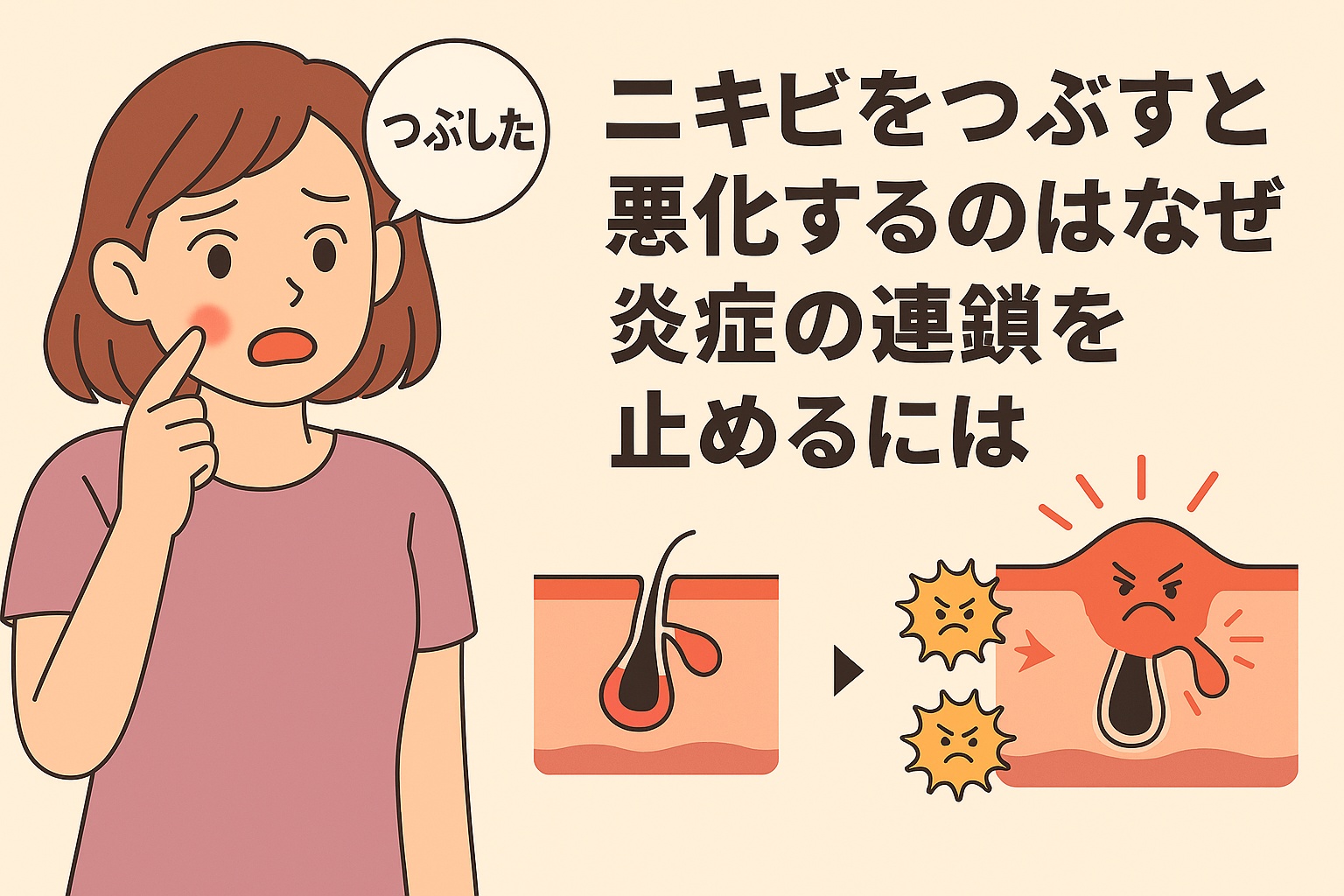 ニキビをつぶしてしまった女性が頬を押さえて驚くイラスト。右側には「ニキビをつぶすと悪化するのはなぜ？炎症の連鎖を止めるには」と書かれ、毛穴断面図で膿や細菌が広がって炎症が悪化する様子を示している。