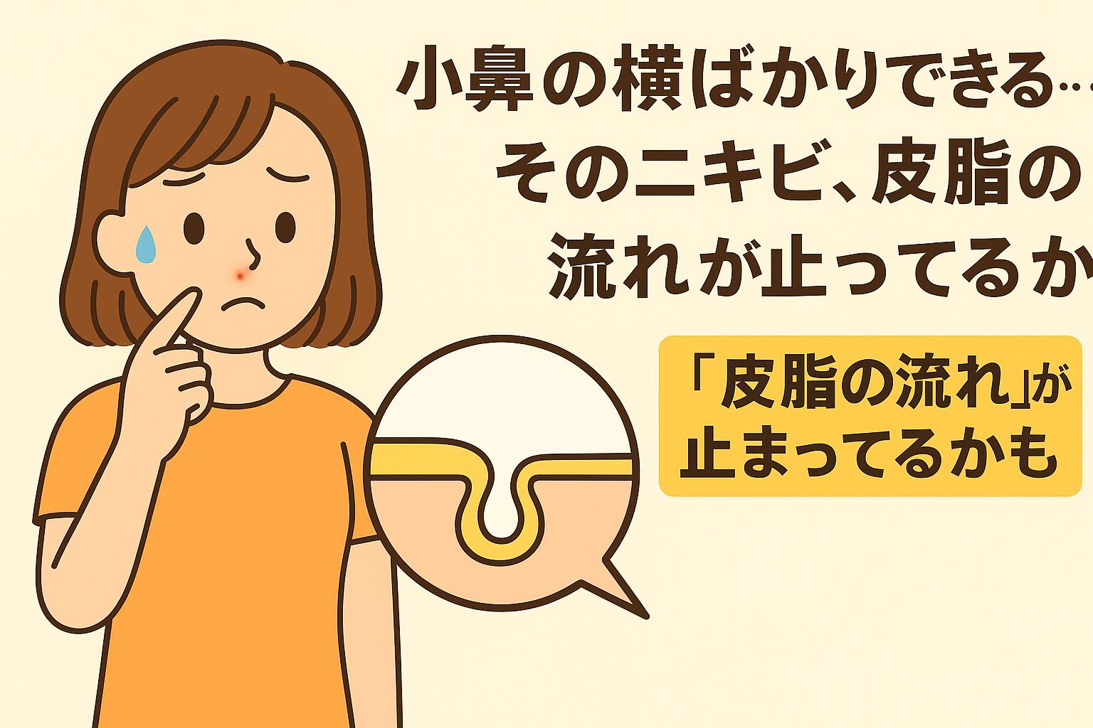 小鼻の横にニキビができて悩む女性のイラスト。吹き出しの中に皮脂の流れが滞った毛穴断面図が描かれ、皮脂の停滞を示す構造的な図解が添えられている。
