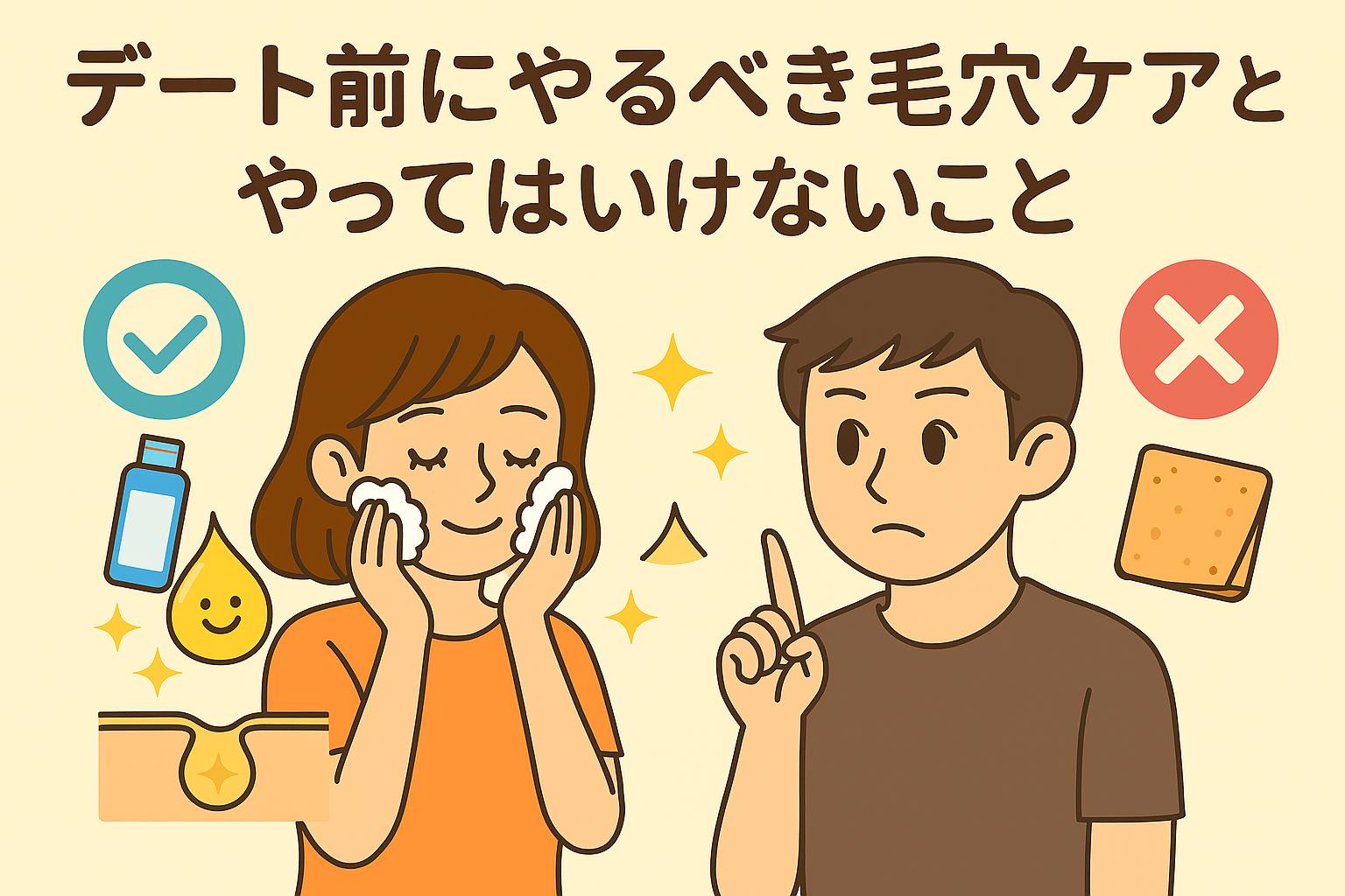 デート前の毛穴ケアをテーマにしたイラスト。左側では女性が洗顔で優しくケアしており、チェックマークと清潔感を示す光のエフェクトが添えられている。右側では男性が毛穴パックを手にして困った表情を浮かべ、バツ印が表示されている。「デート前にやるべき毛穴ケアとやってはいけないこと」というタイトル入りのアイキャッチ。