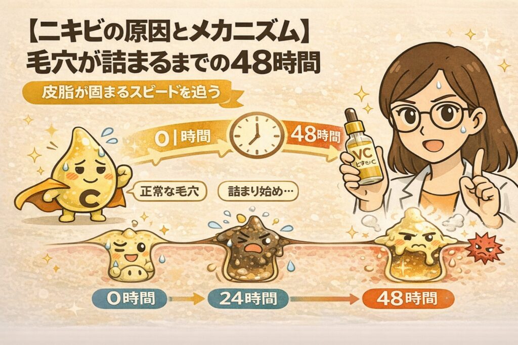 ニキビの原因とメカニズムとして、毛穴が詰まるまでの48時間を時系列で解説したイラスト。皮脂が分泌されてから24時間、48時間と経過するにつれて酸化・固化し、毛穴詰まりや炎症へ進行する流れを毛穴断面図で表現。ビタミンCの抗酸化ケアと、48時間以内に整える習慣の重要性を白衣の女性が示している。