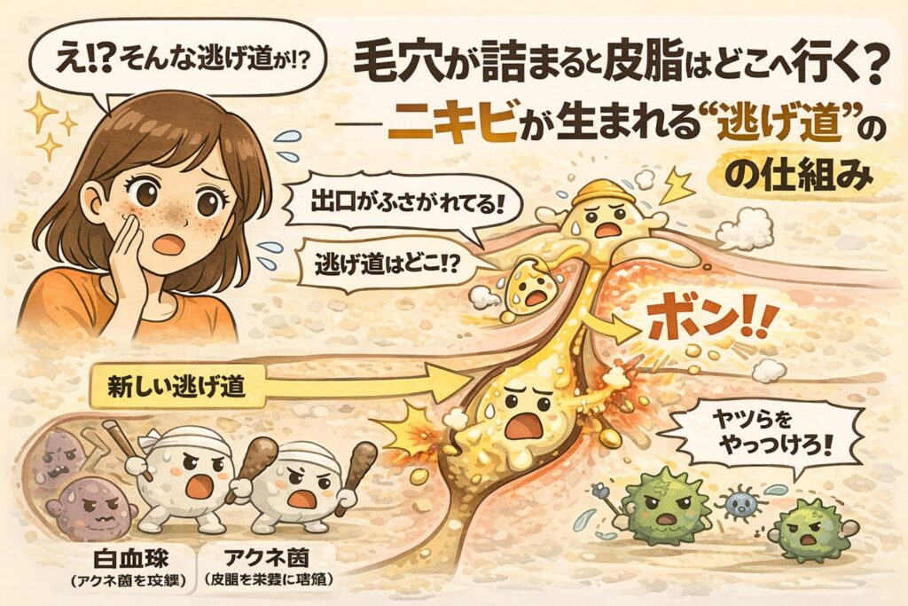 毛穴が詰まった状態で皮脂の出口がふさがれ、皮脂が“逃げ道”を探して皮膚内部に広がり、炎症を起こしてニキビが発生する仕組みを描いた図解イラスト。驚く女性の表情と、皮脂・アクネ菌・白血球を擬人化したキャラクターによって、毛穴詰まりからニキビが生まれる構造を視覚的に説明している。