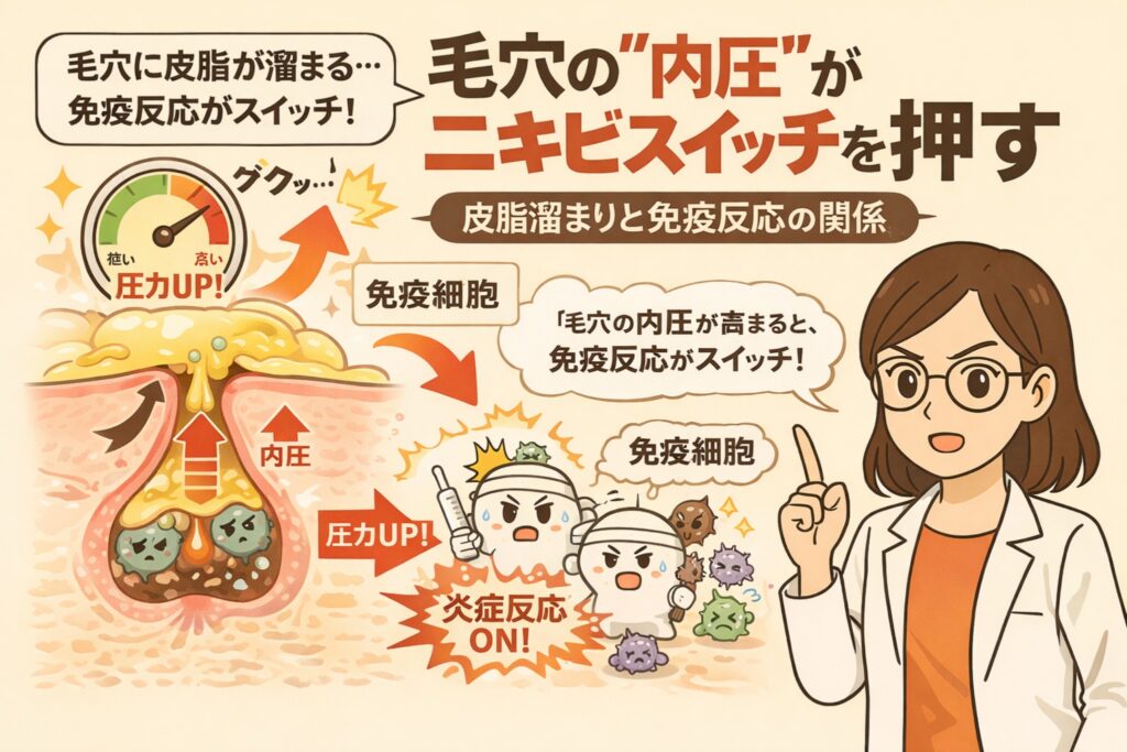 毛穴に皮脂が滞留して内圧が高まり、免疫反応がスイッチオンして炎症性ニキビが発生する仕組みを、断面図とイラストで解説する図。皮脂詰まりによる圧力上昇、免疫細胞の活性化、炎症反応の流れを示している。