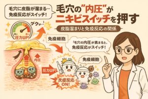 毛穴に皮脂が滞留して内圧が高まり、免疫反応がスイッチオンして炎症性ニキビが発生する仕組みを、断面図とイラストで解説する図。皮脂詰まりによる圧力上昇、免疫細胞の活性化、炎症反応の流れを示している。