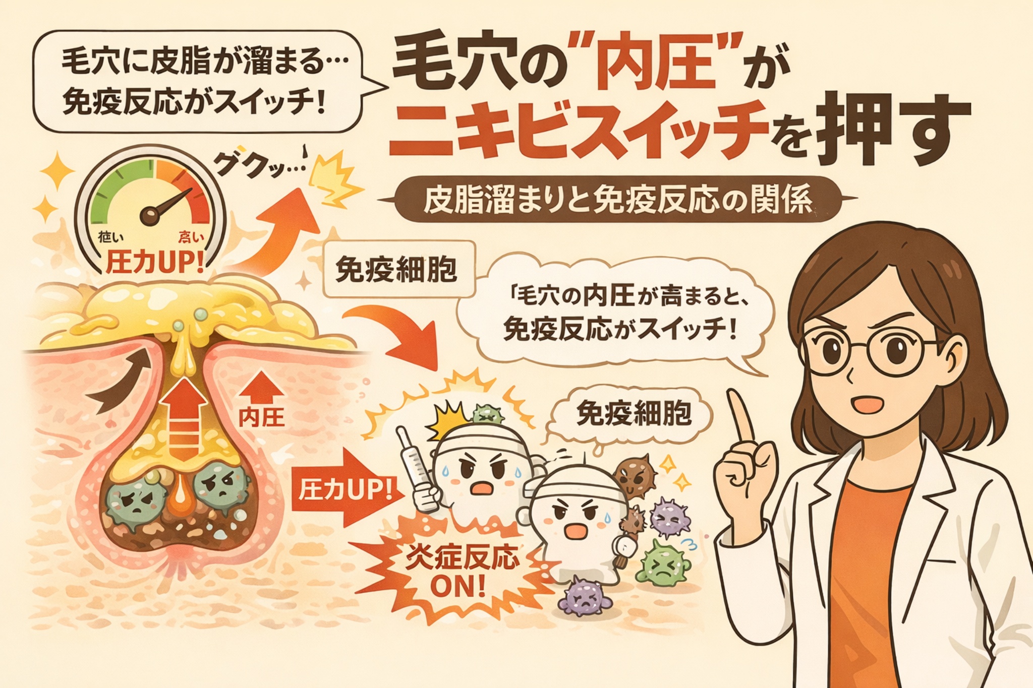 毛穴に皮脂が滞留して内圧が高まり、免疫反応がスイッチオンして炎症性ニキビが発生する仕組みを、断面図とイラストで解説する図。皮脂詰まりによる圧力上昇、免疫細胞の活性化、炎症反応の流れを示している。