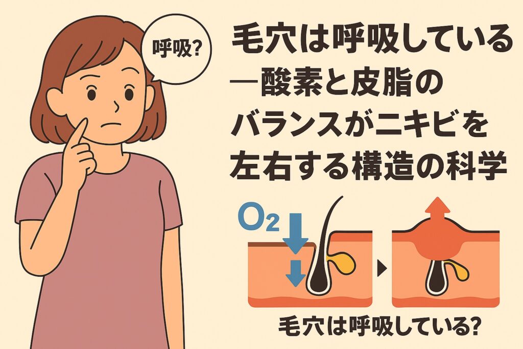 頬を触りながら「呼吸?」と考える女性のイラスト。右側には「毛穴は呼吸している──酸素と皮脂のバランスがニキビを左右する構造の科学」と書かれ、毛穴断面図で酸素が流入する正常な状態と、皮脂で塞がれて酸素が遮断される状態を青と赤の矢印で対比している。