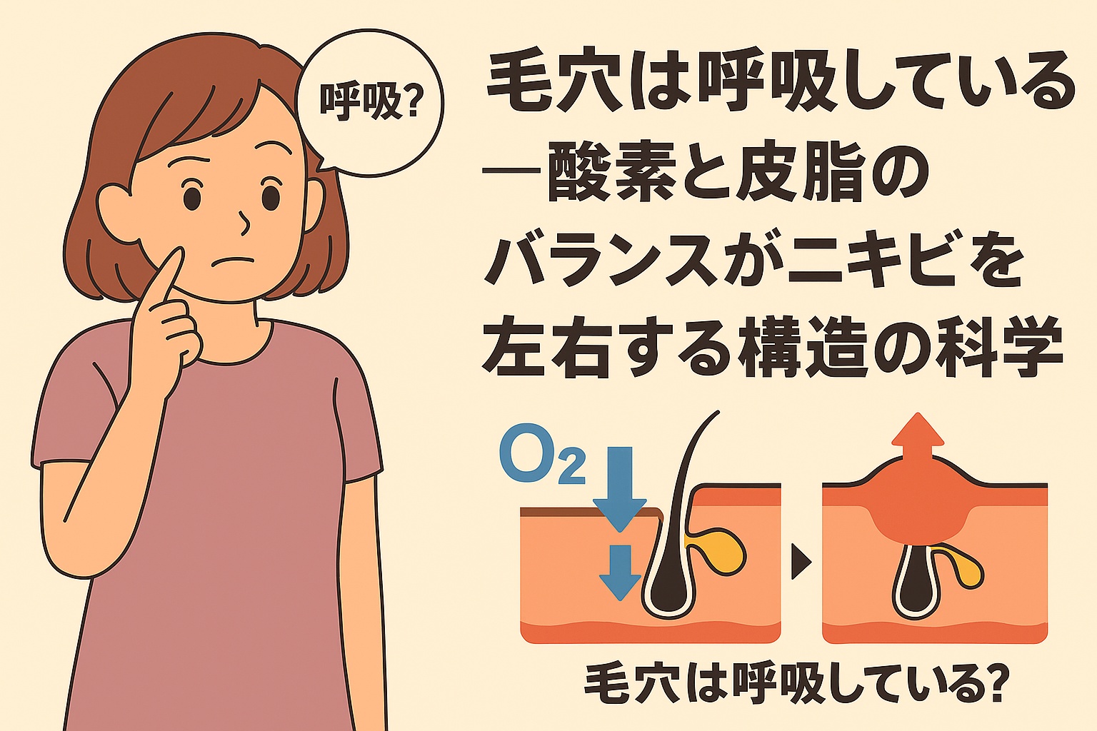 頬を触りながら「呼吸？」と考える女性のイラスト。右側には「毛穴は呼吸している──酸素と皮脂のバランスがニキビを左右する構造の科学」と書かれ、毛穴断面図で酸素が流入する正常な状態と、皮脂で塞がれて酸素が遮断される状態を青と赤の矢印で対比している。