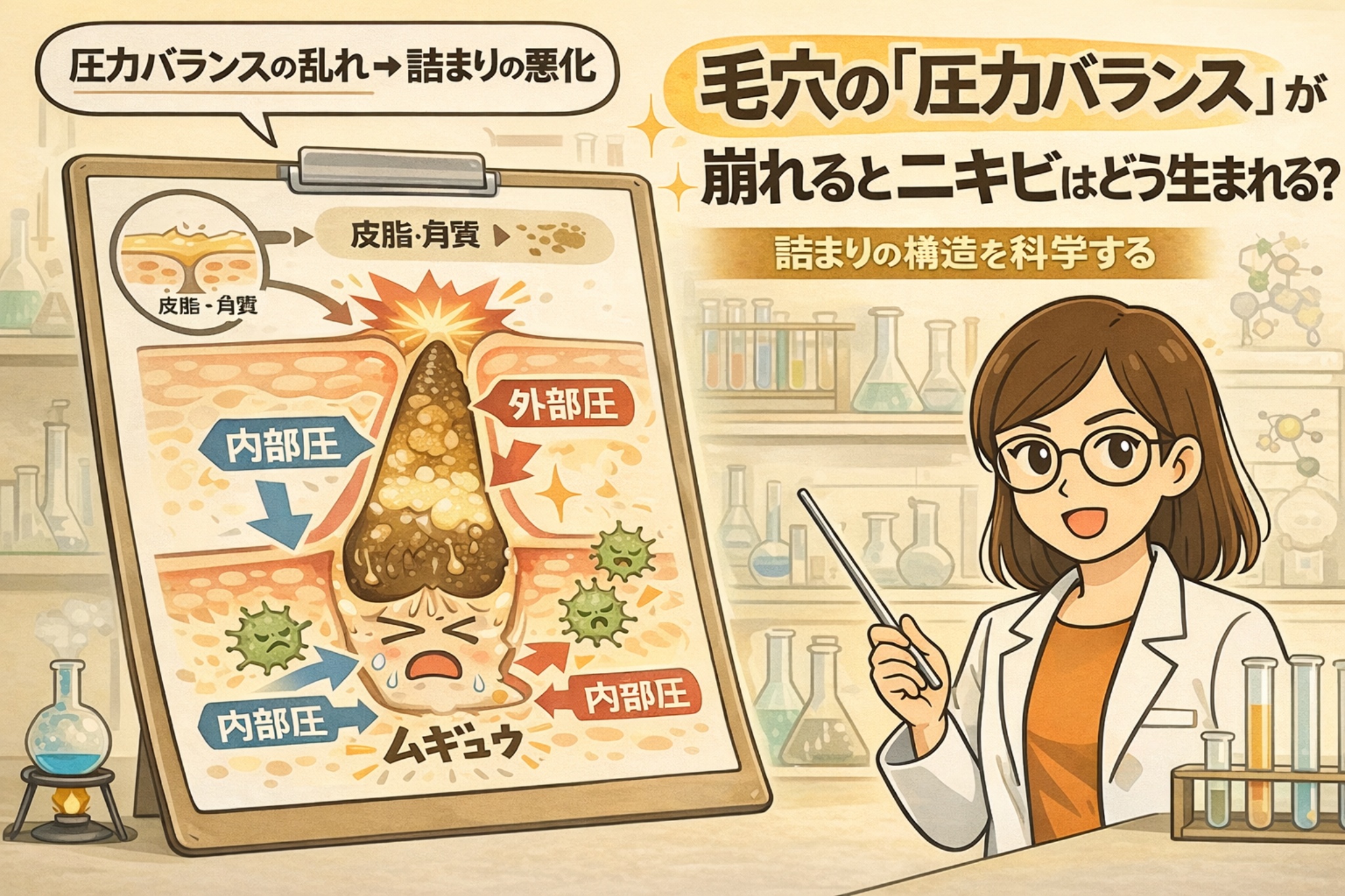 毛穴の圧力バランスが崩れることでニキビや詰まりが生じる仕組みを解説するイラスト。皮脂と角質が毛穴内に溜まり、内部圧と外部圧の不均衡によって内容物が押し出され炎症が起こる過程を、図解パネルと白衣の女性研究者キャラクターが科学的に説明している。