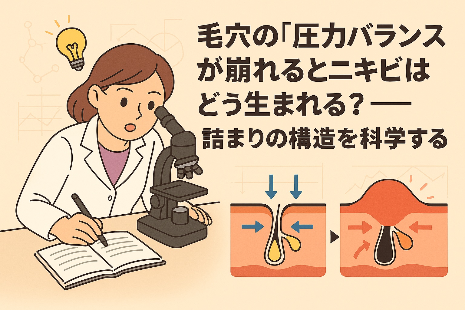 白衣を着た女性研究者が顕微鏡を覗きながらメモを取るイラスト。右側には「毛穴の“圧力バランス”が崩れるとニキビはどう生まれる？──詰まりの構造を科学する」と書かれ、毛穴断面図で皮脂の流れと圧力変化による詰まりの発生を矢印で説明している。