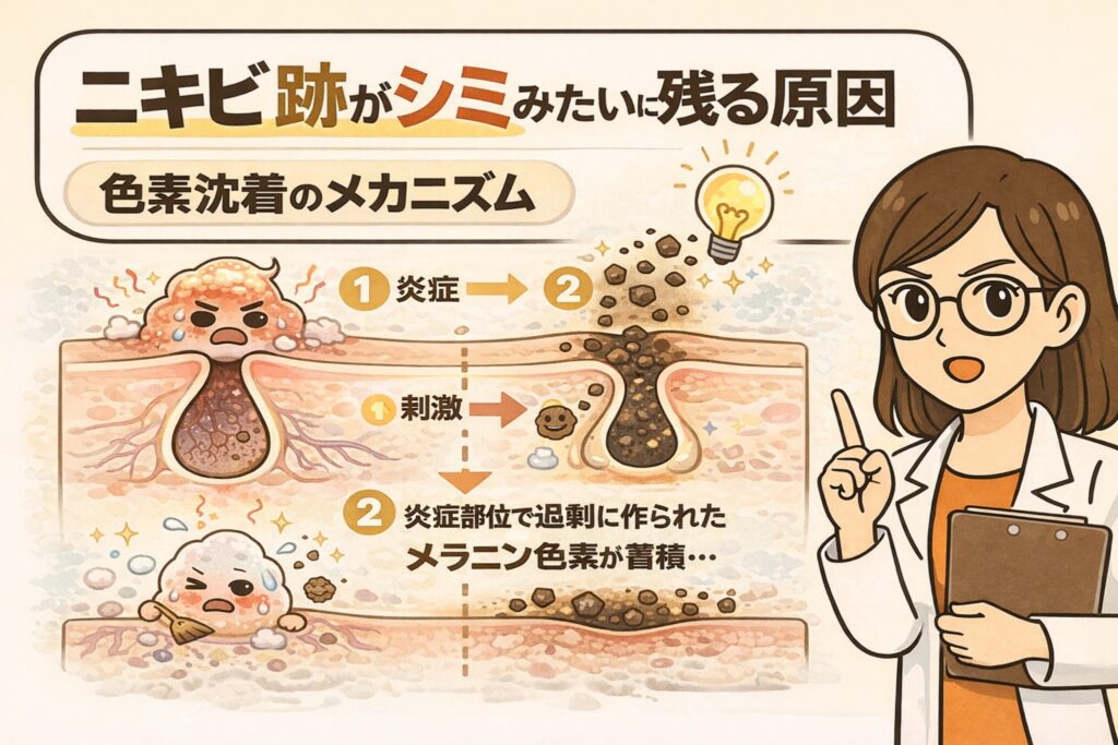 ニキビ跡がシミのように残る原因である「色素沈着」のメカニズムを解説したイラスト。炎症や刺激によってメラニンが過剰生成され、炎症部位に蓄積することで茶色い跡として残る過程を、毛穴断面図と段階的な図解で示している。