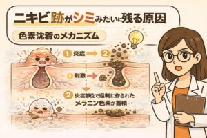 ニキビ跡がシミのように残る原因である「色素沈着」のメカニズムを解説したイラスト。炎症や刺激によってメラニンが過剰生成され、炎症部位に蓄積することで茶色い跡として残る過程を、毛穴断面図と段階的な図解で示している。