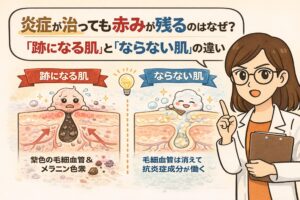 ニキビの炎症が治まった後も赤みが残る理由を、「跡になる肌」と「ならない肌」の違いから解説したイラスト。毛穴周囲に残る毛細血管の拡張やメラニン沈着によって赤みが残るケースと、炎症が速やかに収束して抗炎症成分が働くことで跡にならないケースを、毛穴断面図で比較して示している。