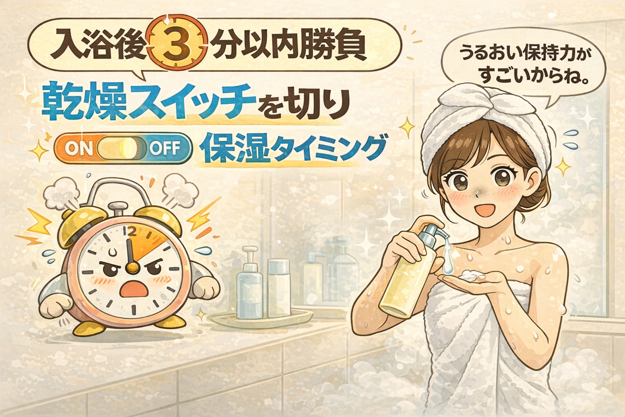 入浴後3分以内の保湿が重要な理由を解説したイラスト。入浴後にタオルを巻いた女性が保湿剤を手に取り、乾燥スイッチを切るタイミングとして「3分以内」が強調されている。時計キャラクターとON／OFF表示により、肌の水分蒸発を防ぐ最適な保湿タイミングが視覚的に示されている。