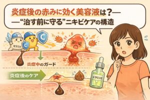 ニキビ炎症後の赤みに対するケア構造を解説するイラスト。炎症中はセラミドやビタミンCなどで外的刺激から肌を守る「ガード」を行い、炎症が落ち着いた後に美容液で整える流れを毛穴断面図で表現。赤く腫れたニキビと、その後の回復段階を対比し、「治す前に守る」という考え方を視覚的に伝えている。