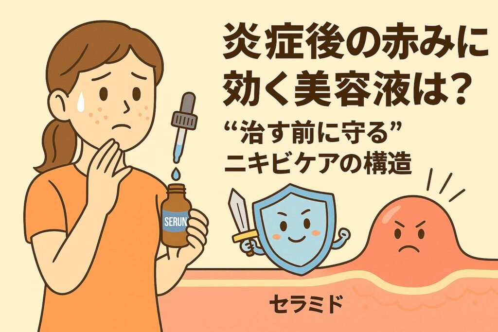 炎症後の赤みに悩む女性が美容液を手に肌へ塗ろうとしている姿。毛穴断面では盾を持った防御バリアキャラクターが炎症キャラを守っており、“治す前に守る”というニキビケアの考え方を表現した日本の2Dアニメ風イラスト。