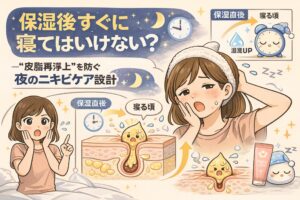 保湿後すぐに寝ることで起こりやすい「皮脂の再浮上」と夜間ニキビの関係を解説した図解イラスト。保湿直後から就寝までの時間差による湿度上昇や皮脂分泌の変化を、毛穴断面と就寝シーンでわかりやすく示している。