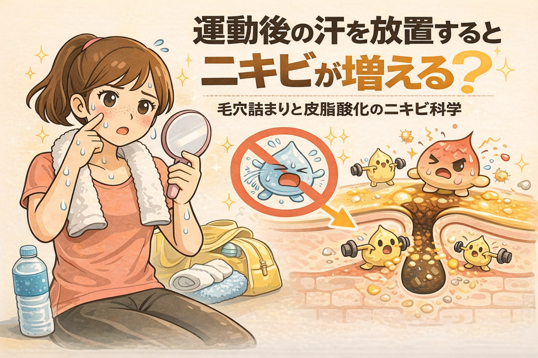 運動後の汗を放置するとニキビが増えやすくなる理由を解説した図解イラスト。汗と皮脂が混ざって毛穴に残り、酸化や詰まりを招く流れを、運動後の女性と毛穴断面の擬人化キャラクターで表現している。