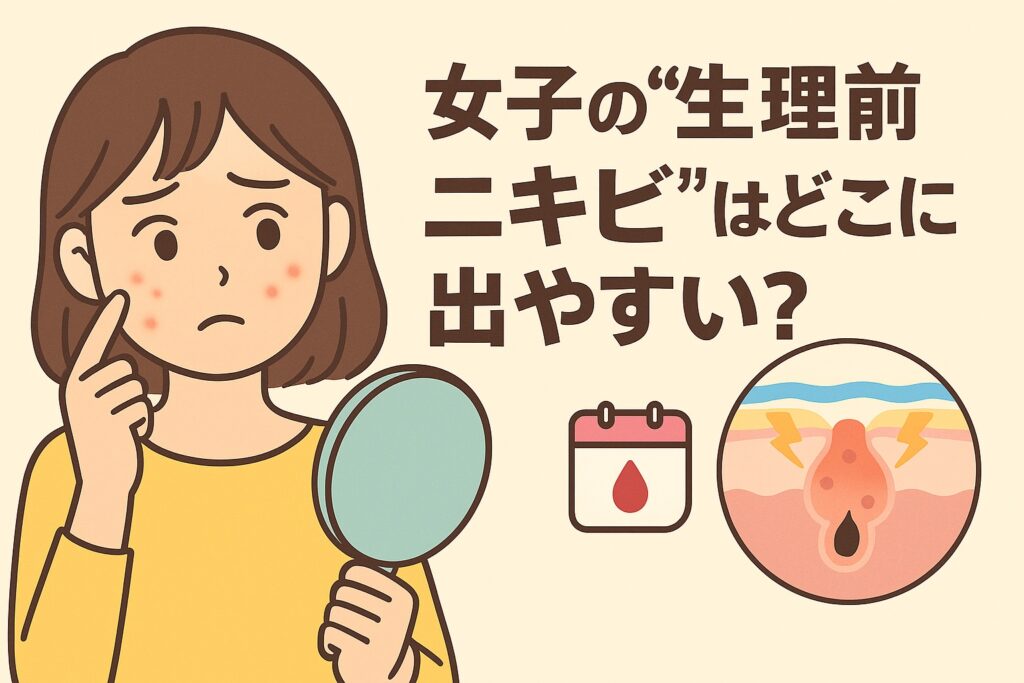 女性の“生理前ニキビ”をテーマにしたイラスト。黄色い服の女性が鏡を持ちながら頬のニキビを気にしている。右下には生理周期を示すカレンダーアイコンと、炎症を起こした毛穴の断面図が描かれており、ホルモン変化による皮脂分泌の増加と炎症を表している。テキストには「女子の“生理前ニキビ”はどこに出やすい？」と記載されている。