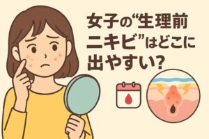 女性の“生理前ニキビ”をテーマにしたイラスト。黄色い服の女性が鏡を持ちながら頬のニキビを気にしている。右下には生理周期を示すカレンダーアイコンと、炎症を起こした毛穴の断面図が描かれており、ホルモン変化による皮脂分泌の増加と炎症を表している。テキストには「女子の“生理前ニキビ”はどこに出やすい？」と記載されている。