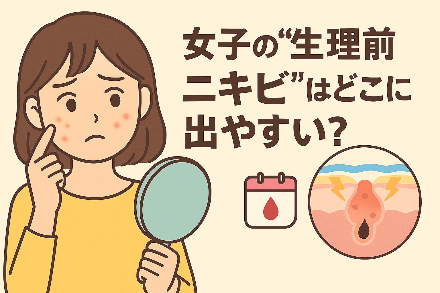 女性の“生理前ニキビ”をテーマにしたイラスト。黄色い服の女性が鏡を持ちながら頬のニキビを気にしている。右下には生理周期を示すカレンダーアイコンと、炎症を起こした毛穴の断面図が描かれており、ホルモン変化による皮脂分泌の増加と炎症を表している。テキストには「女子の“生理前ニキビ”はどこに出やすい?」と記載されている。