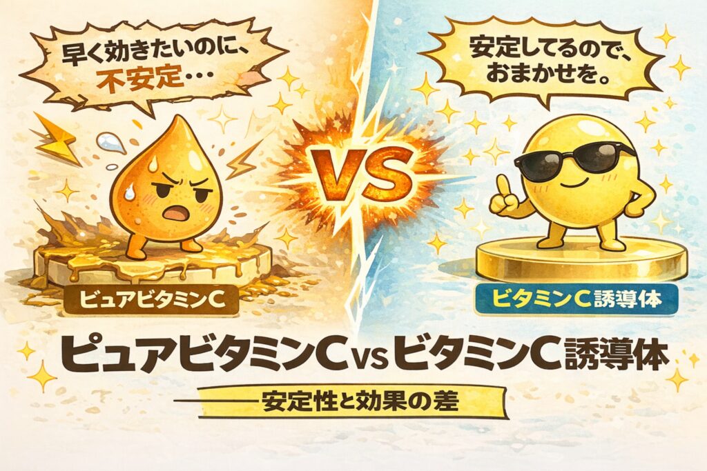 ピュアビタミンCとビタミンC誘導体を比較する図解イラスト。左側は不安定で刺激が出やすいピュアビタミンCが汗をかいて焦る表情で描かれ、右側は安定性が高く使いやすいビタミンC誘導体がサングラス姿で余裕を見せている。中央に「VS」が配置され、「安定性と効果の差」をテーマに、即効性と刺激の強さ、継続しやすさの違いを直感的に示した成分比較用ビジュアル。