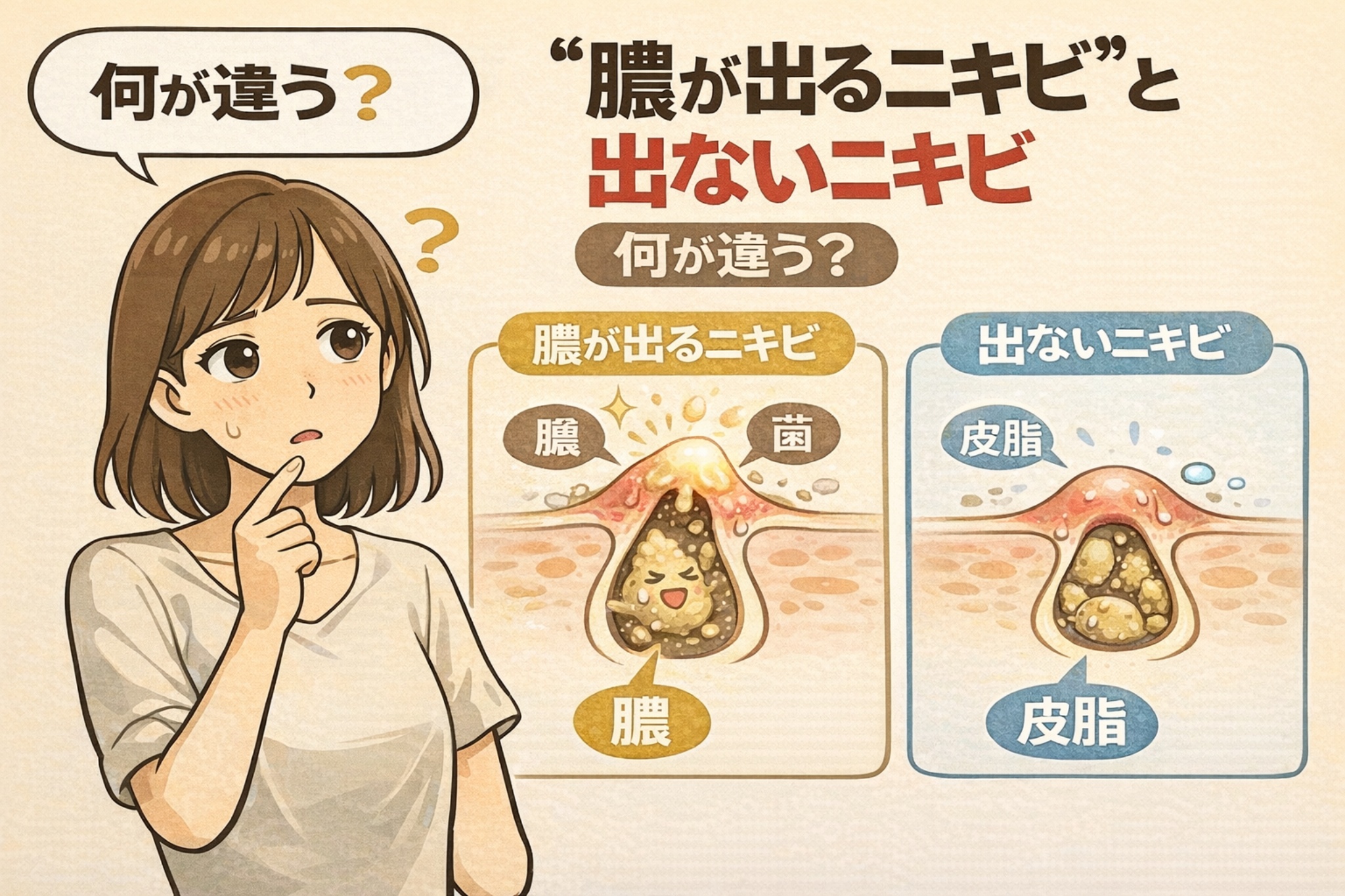 膿が出るニキビと膿が出ないニキビの違いを比較した図解イラスト。左は菌の増殖によって膿がたまったニキビ、右は皮脂が詰まっているだけのニキビを毛穴断面で示し、原因の違いを分かりやすく説明している。