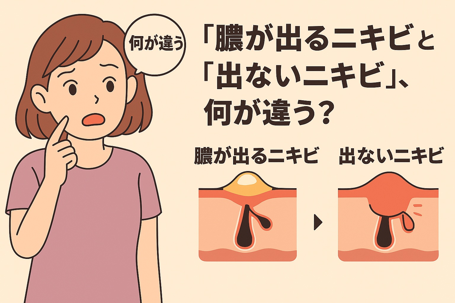 頬のニキビを触りながら「何が違う？」と考える女性のイラスト。右側には「膿が出るニキビ」と「出ないニキビ」の毛穴断面図が並び、膿がたまった黄色いニキビと赤く腫れた炎症性ニキビの違いを対比的に示している。