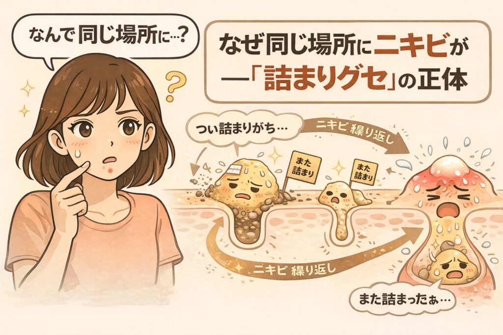 同じ場所にニキビが繰り返しできる理由を「詰まりグセ」という構造で解説したイラスト。頬のニキビに悩む女性と、毛穴内部で皮脂や角質が再び詰まり、炎症を起こしてニキビが再発する流れを断面図で分かりやすく表現している。