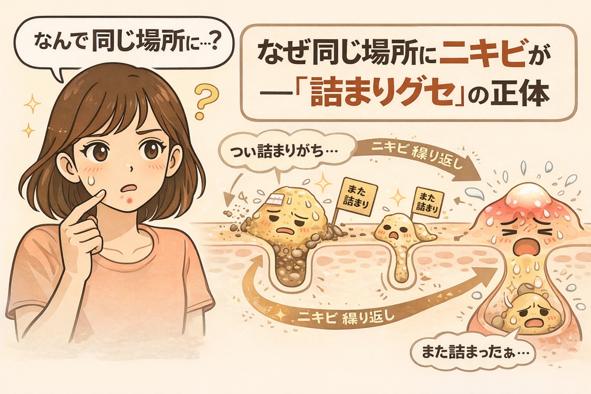 同じ場所にニキビが繰り返しできる理由を「詰まりグセ」という構造で解説したイラスト。頬のニキビに悩む女性と、毛穴内部で皮脂や角質が再び詰まり、炎症を起こしてニキビが再発する流れを断面図で分かりやすく表現している。