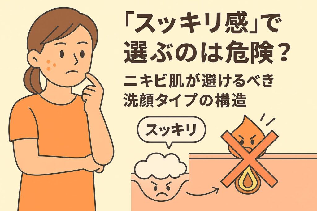 「スッキリ感」で選ぶ洗顔の危険性を描いた教育的イラスト。女性が洗顔フォームを選び迷う姿と、強い洗浄力でバリアを壊す毛穴断面を示し、ニキビ肌が避けるべき構造を説明している。