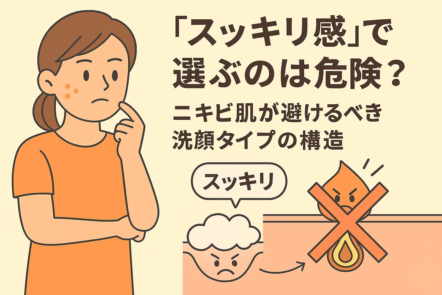 「スッキリ感」で選ぶ洗顔の危険性を描いた教育的イラスト。女性が洗顔フォームを選び迷う姿と、強い洗浄力でバリアを壊す毛穴断面を示し、ニキビ肌が避けるべき構造を説明している。