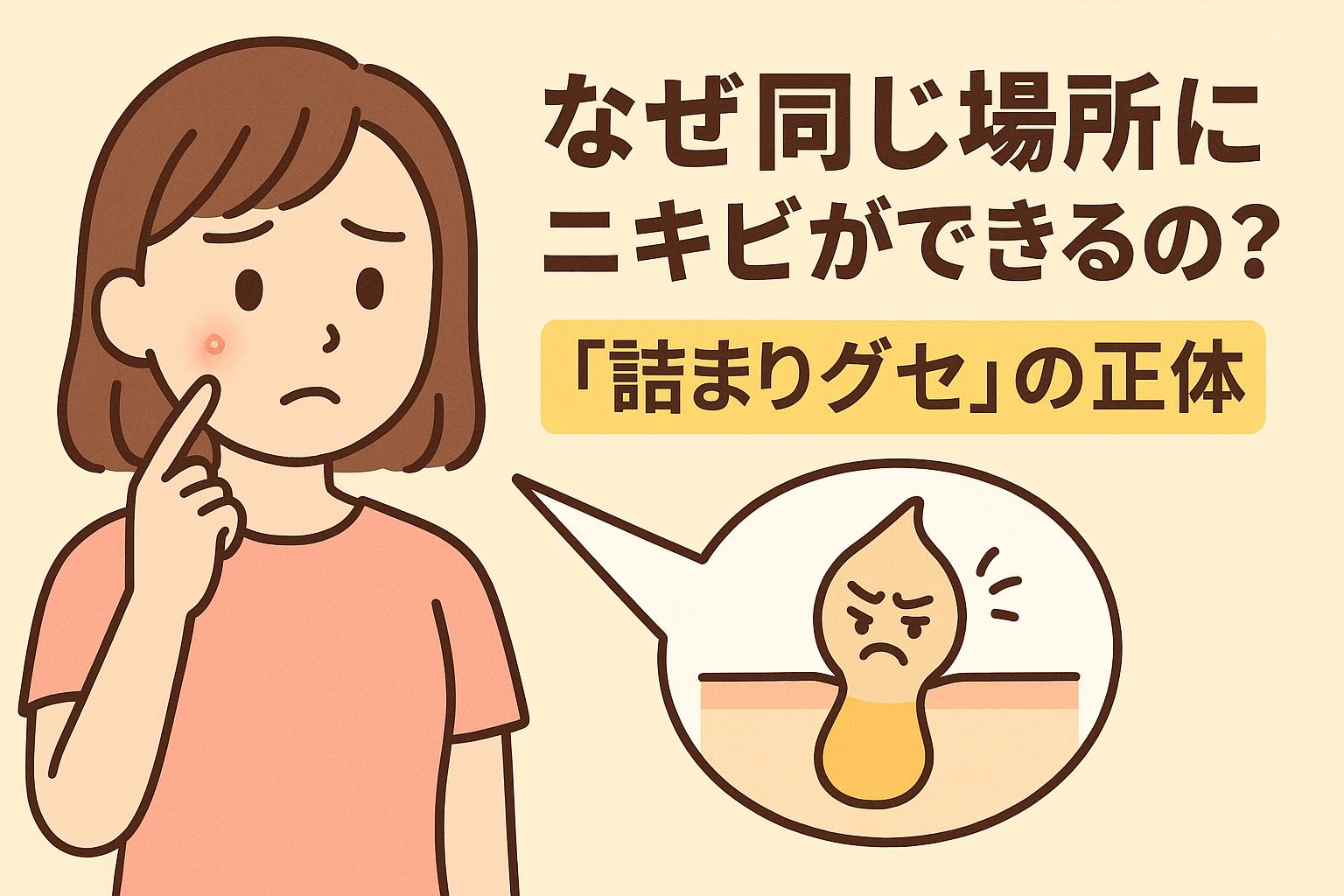頬の同じ場所にニキビができて悩む女性が指で触ろうとする様子。吹き出しの中には怒った表情の角栓キャラが描かれ、「詰まりグセ」の構造を表現したイラスト。