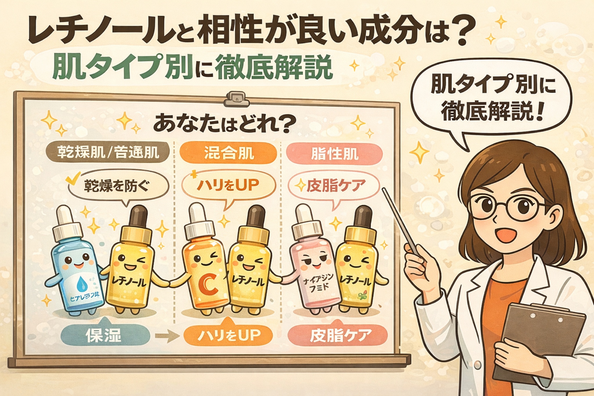 白衣を着た女性研究者キャラクターが解説し、レチノールと相性の良い成分を肌タイプ別に整理した図解イラスト。乾燥肌・敏感肌には保湿成分、混合肌にはハリを高めるビタミンC、脂性肌には皮脂ケア成分を、擬人化された美容液ボトルとともに分かりやすく紹介している