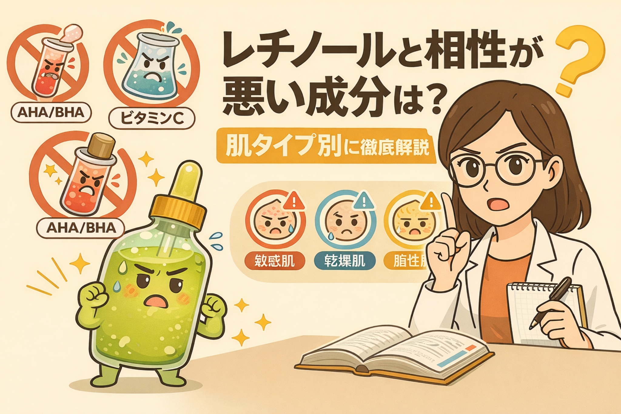 レチノールと相性が悪い成分（AHA/BHA、ビタミンCなど）を、肌タイプ別に解説した図解イラスト。敏感肌・乾燥肌・脂性肌それぞれの注意点を、成分の擬人化表現と専門家の解説でわかりやすく示している。