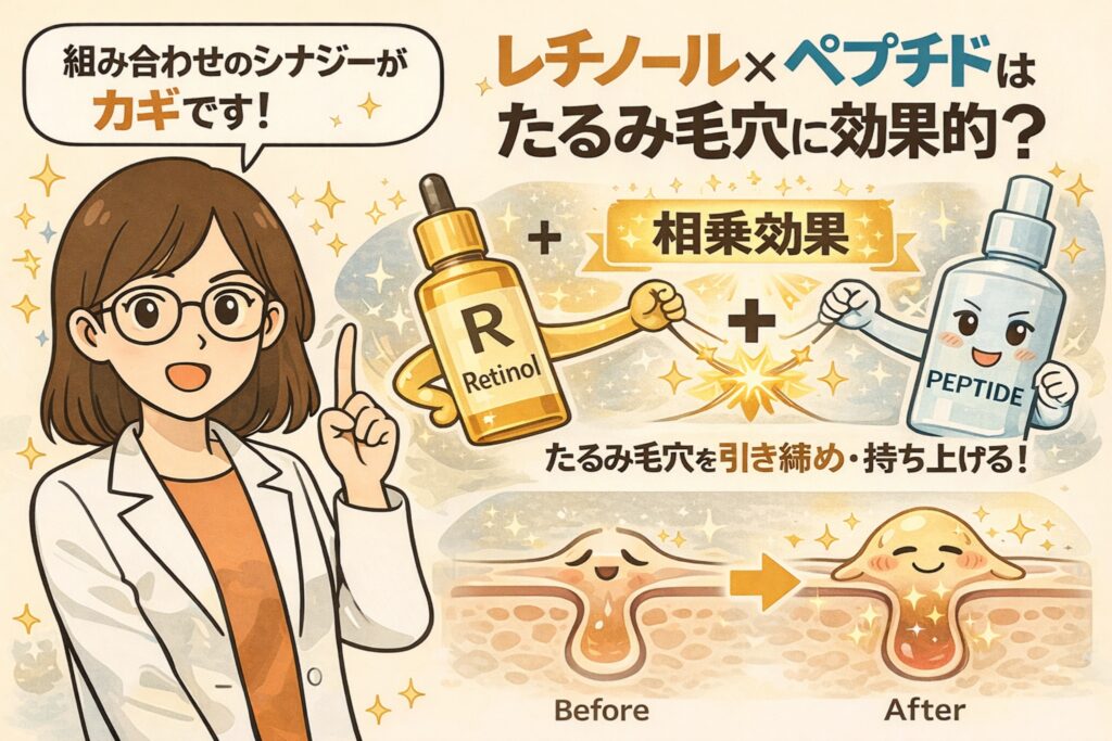 レチノールとペプチドの併用が、たるみ毛穴にどのように作用するかを解説するイラスト。白衣の女性が解説役となり、レチノールとペプチドの相乗効果によって毛穴が引き締まり、肌が持ち上がる仕組みをBefore／Afterの毛穴断面図で分かりやすく示している。
