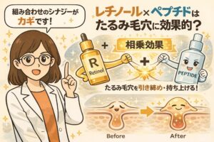 レチノールとペプチドの併用が、たるみ毛穴にどのように作用するかを解説するイラスト。白衣の女性が解説役となり、レチノールとペプチドの相乗効果によって毛穴が引き締まり、肌が持ち上がる仕組みをBefore／Afterの毛穴断面図で分かりやすく示している。