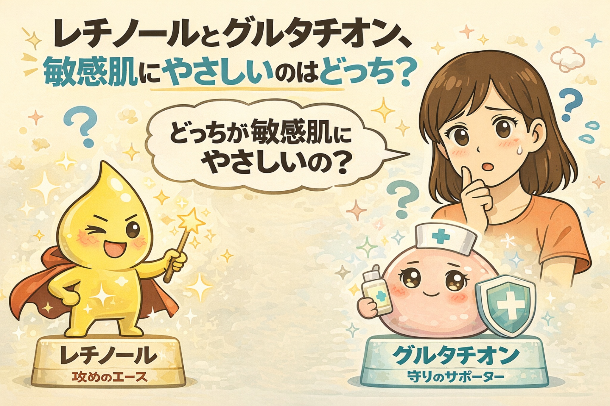 レチノールとグルタチオンのどちらが敏感肌にやさしいかを比較したイラスト。攻めのエースとして描かれたレチノールと、守りのサポーターとして描かれたグルタチオンを対比し、敏感肌の女性が悩んでいる様子が表現されている。