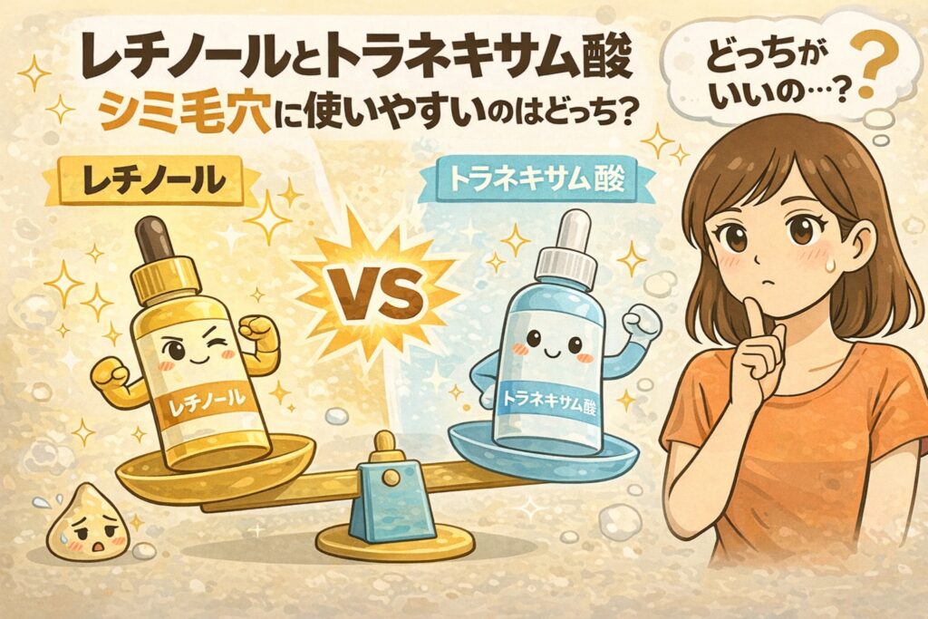 レチノールとトラネキサム酸をシミ・毛穴ケア視点で比較したイラスト。天秤の左にレチノール美容液、右にトラネキサム酸美容液の擬人化ボトルが配置され「VS」と表示されている。右側では女性キャラクターが「どっちがいいの？」と悩む表情をしており、成分の使いやすさを比較する内容を示した淡いベージュ背景の図解。