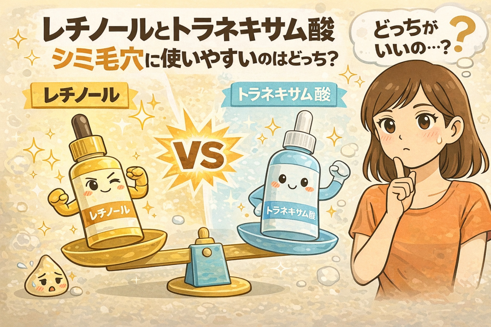 レチノールとトラネキサム酸をシミ・毛穴ケア視点で比較したイラスト。天秤の左にレチノール美容液、右にトラネキサム酸美容液の擬人化ボトルが配置され「VS」と表示されている。右側では女性キャラクターが「どっちがいいの？」と悩む表情をしており、成分の使いやすさを比較する内容を示した淡いベージュ背景の図解。