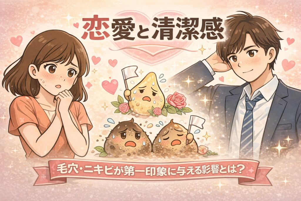 恋愛における第一印象と清潔感の関係を描いたイラスト。恥ずかしそうな女性と爽やかな男性の間に、毛穴やニキビを擬人化したキャラクターが配置され、清潔感が与える印象への影響を象徴的に表現している。背景のハートや花のモチーフによって、毛穴・ニキビが第一印象や恋愛感情に関わる要素であることをやさしく伝える構図。