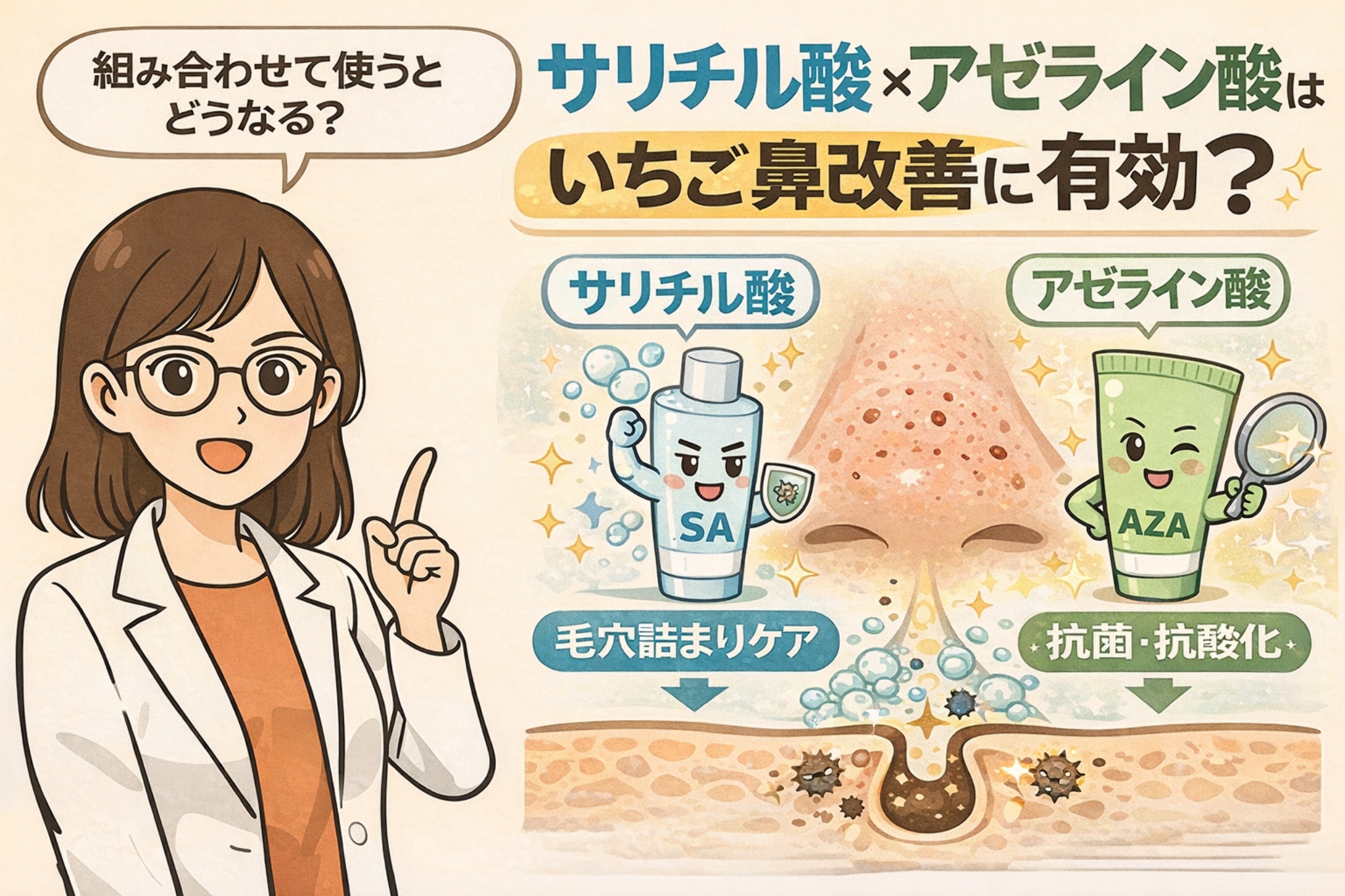 白衣を着た女性研究者キャラクターが指を立てて解説し、サリチル酸とアゼライン酸の擬人化キャラクターが並び、毛穴断面図とともに「サリチル酸×アゼライン酸はいちご鼻改善に有効？」と説明しているイラスト
