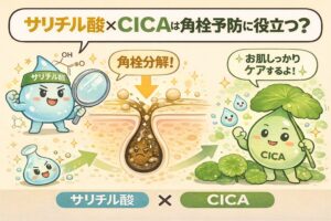 サリチル酸とCICAの組み合わせが角栓予防に役立つかを解説したイラスト。サリチル酸が角栓を分解・詰まりをほぐす役割を担い、CICAが肌を落ち着かせて保護する様子を、擬人化キャラクターと毛穴断面図で表現している。角栓にアプローチする成分ケアと、肌を守るケアを両立させる考え方を分かりやすく示している。