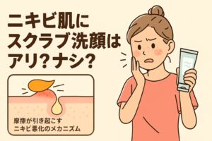スクラブ洗顔とニキビ肌の関係をテーマにしたイラスト。頬に赤いニキビがある女性が不安そうな表情でスクラブ洗顔料のチューブを手にしている。左下には「摩擦が引き起こすニキビ悪化のメカニズム」と書かれた毛穴断面図が描かれ、上には「ニキビ肌にスクラブ洗顔はアリ？ナシ？」という太字のテキストが配置されている。