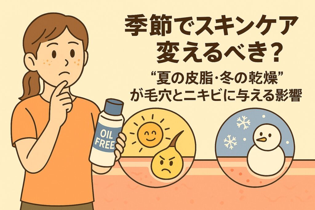 季節によるスキンケアの違いをテーマにしたイラスト。オイルフリー化粧水を手にした女性が首をかしげて考えている。左の円には夏を象徴する太陽と皮脂のキャラクター、右の円には冬を象徴する雪だるまが描かれ、「季節でスキンケア変えるべき?“夏の皮脂・冬の乾燥”が毛穴とニキビに与える影響」というテキストが配置されている。