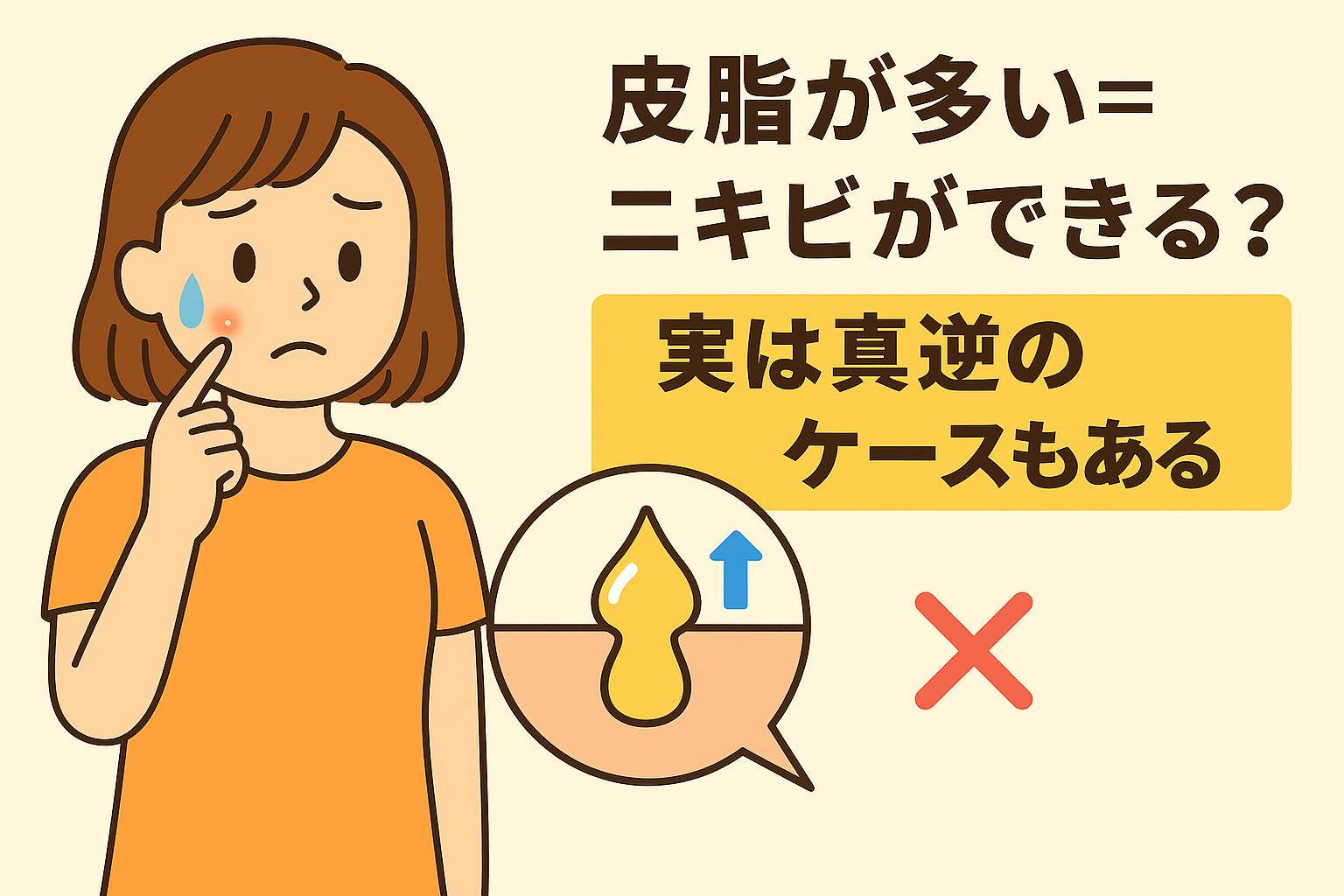 皮脂が多いとニキビができると思い悩む女性のイラスト。吹き出しの中に皮脂が上昇する図と青い矢印が描かれ、「実は真逆のケースもある」と強調されている。