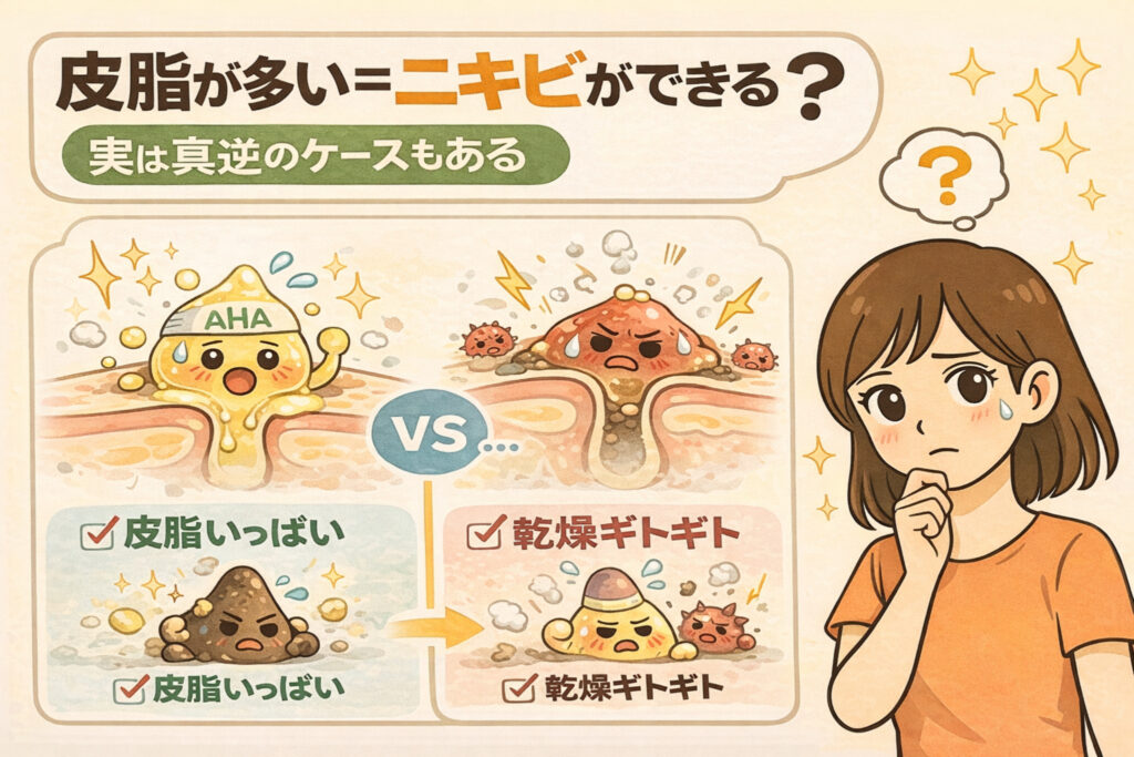 皮脂が多いとニキビができると思い込む女性と、皮脂過多の毛穴と乾燥で炎症を起こした毛穴を対比して描いたイラスト。皮脂不足でもニキビが起こる逆転ケースを示す構造解説ビジュアル。